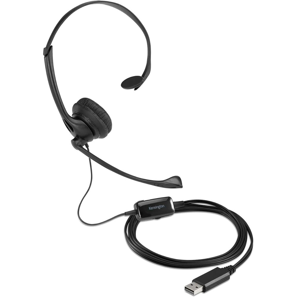 USB Mono Headset Noise Cancelling In Line Volume Comfort Clarity Acco Kensington K80100WW