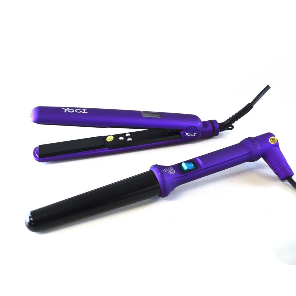 Yogi  Fat Barrel Hair Curling Wand & Digital Straightener 230C Tongs Purple